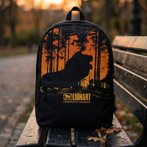 Lionart backpack on a park bench